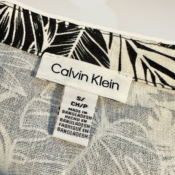 NWT Calvin Klein Black & White Tropical Leaf Print Linen Blend Button Up Size S - Picture 5 of 11